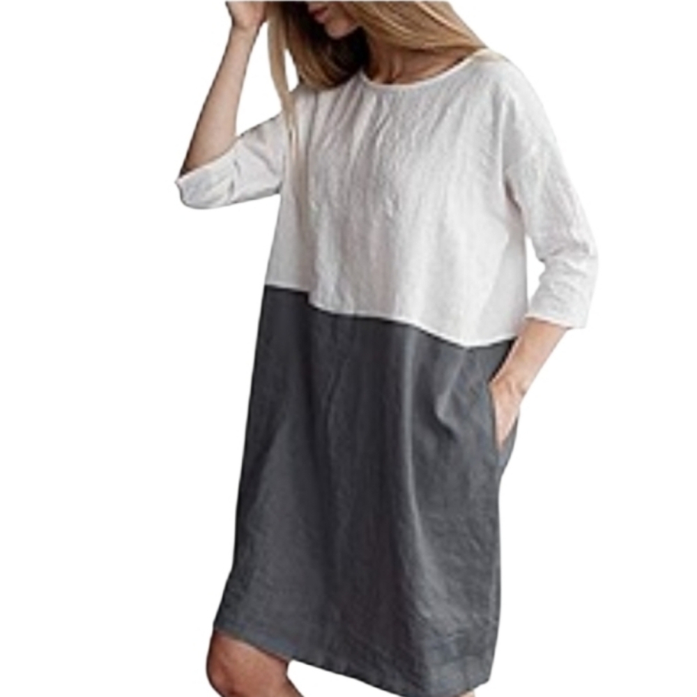 Vanessa Zani Linen Two Tone 3/4 Sleeves Dress